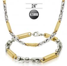  Stainless Steel Set Necklace & Bracelet With Circular Gold Links (24in - 9in)